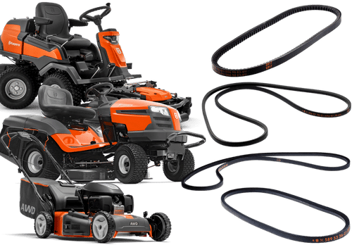 Lawnmower, garden tractor and Husqvarna Rider with drive belts